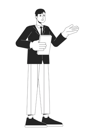 Office Man Presenting Business Report At Work Flat Line Black White Vector Character Editable Outline Full Body Person On White Simple Cartoon Isolated Spot Illustration For Web Graphic Design Illustration