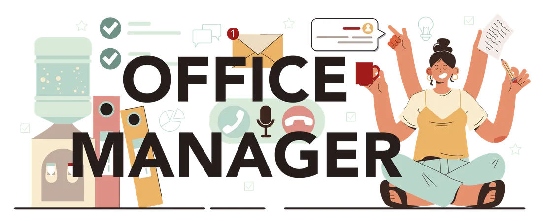 Office Manager Typographic Header Coworking Space Maintenance And Supplying Business Character Answering Calls Ordering Stationery And Keeping Office Clean Flat Vector Illustration Illustration