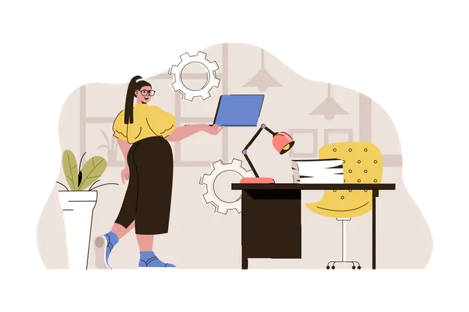 Office Manager Concept Woman Working On Laptop Maintains Working Conditions Situation Corporate Culture People Scene Vector Illustration With Flat Character Design For Website And Mobile Site Illustration