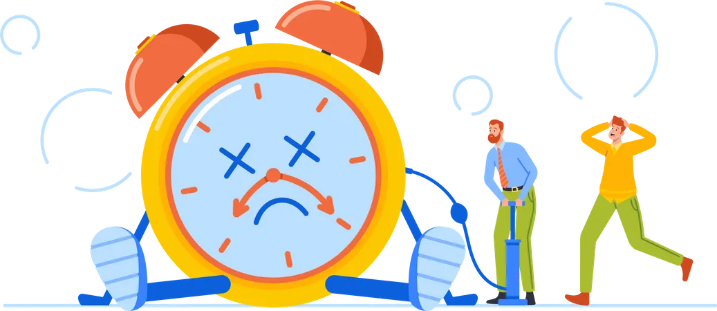 Time Is Over Concept Tiny Male Characters Trying To Fix Broken Alarm Clock Office Men Pumping Huge Damaged Watches Deadline Overtime Cartoon People Vector Illustration Illustration