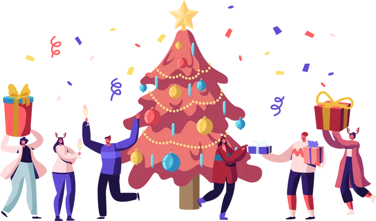 New Year Bash Happy People Celebrating Party Having Fun And Dancing At Decorated Christmas Tree With Garland And Confetti Giving Gifts On Family Or Corporate Event Cartoon Flat Vector Illustration Illustration