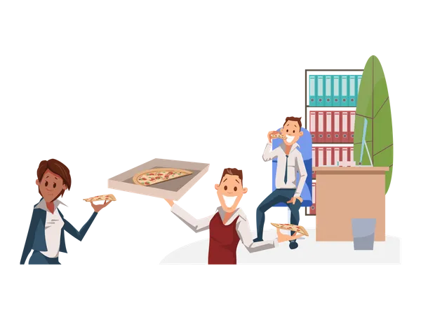 Office People eating Pizza at Lunch Time  Illustration