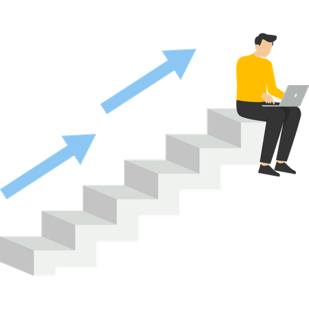 Office person sitting on ladder with laptop computer and arrow pointing up  イラスト