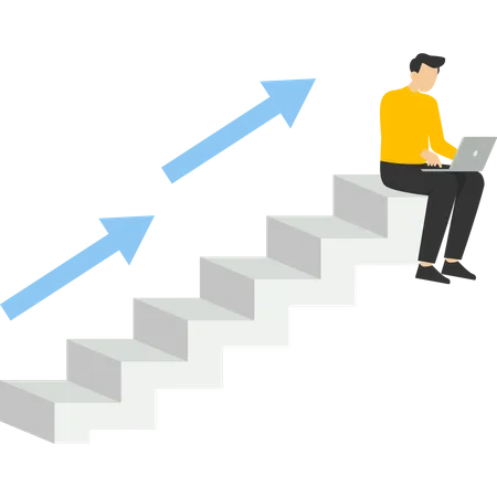Career Ladder Concept Or Achievement In Work Woman Career Growth Office Person Sitting On Ladder With Laptop Computer And Arrow Pointing Up Flat Design Vector Illustration イラスト