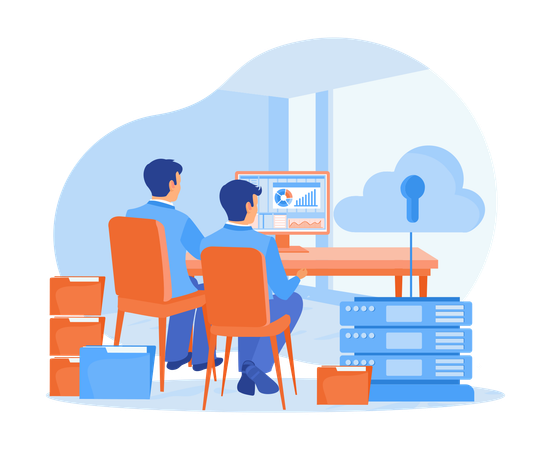 Office staff analyzes data on computers and Storing file documents in server rack  Illustration