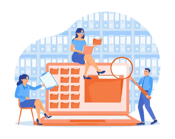 Office Staff Organizes File Storage On Server while Search Documents In Database  Illustration