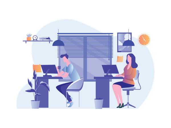 Office Team Working In Office  Illustration