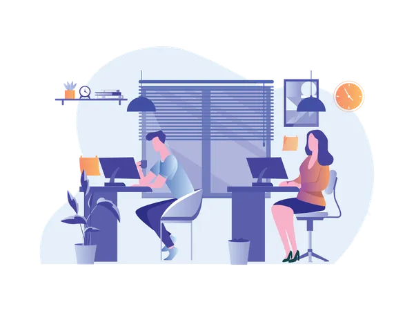 Office Team Working In Office  Illustration
