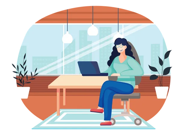 Office Woman In Front Of The Desk With A Laptop Business Woman Or A Clerk Working At Her Office Table Flat Illustration Smiling Girl In Glasses Office Worker Enterpreneur Performs Work On A Computer Illustration