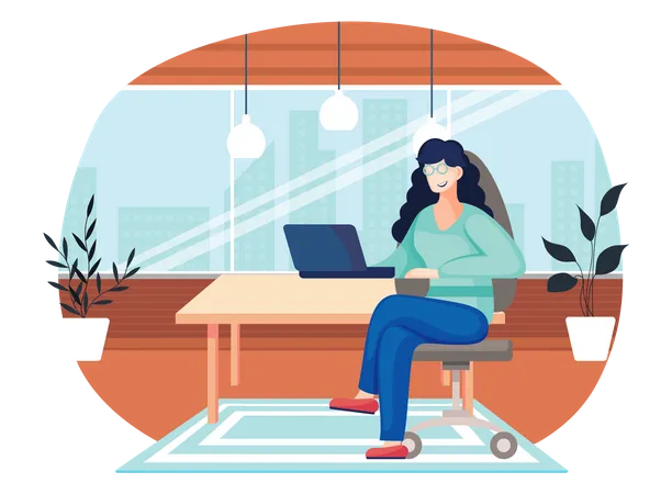 Office woman at the desk with a laptop  Illustration