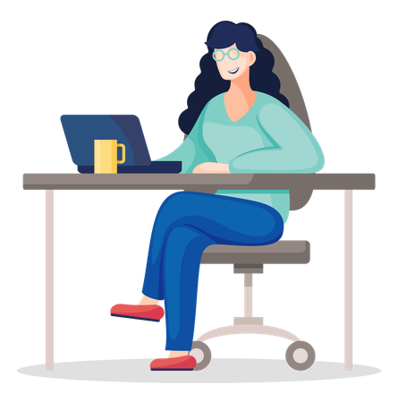 Office woman behind a desk with a laptop  Illustration