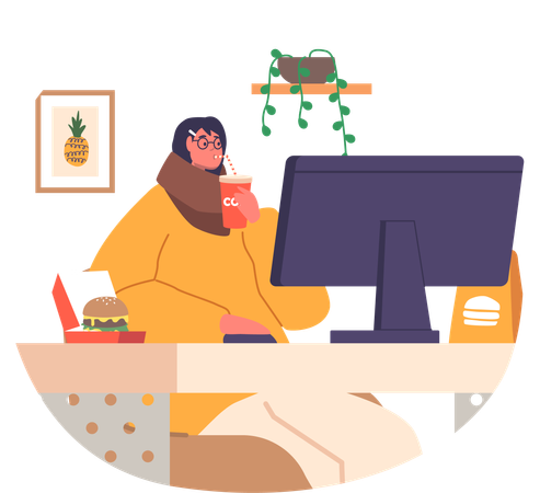 Office woman eating burger at workplace  Illustration