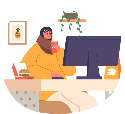 Female Character Eating At Workplace Office Woman Indulges In A Burger And Cola At Her Cluttered Desk Taking A Quick Break From Her Work In The Busy Workplace Cartoon People Vector Illustration Illustration