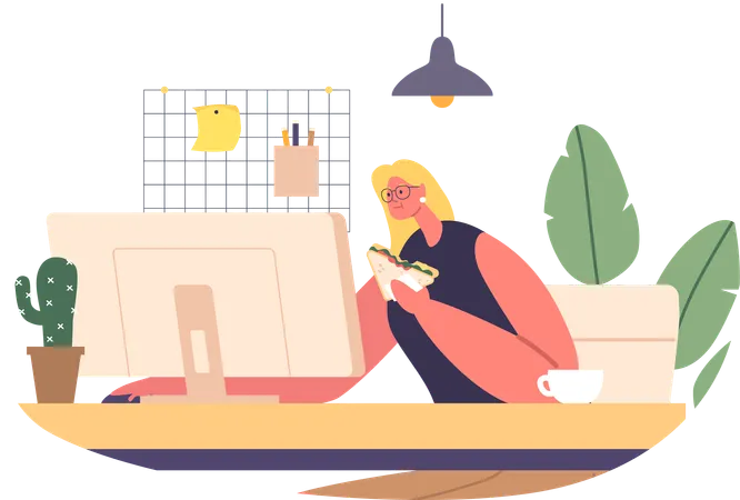 Office Woman Focused On Her Work Takes A Quick Break To Eat A Sandwich At Her Desk Juggling Tasks In A Busy Workplace Hungry Female Character Eating Lunch Cartoon People Vector Illustration Illustration