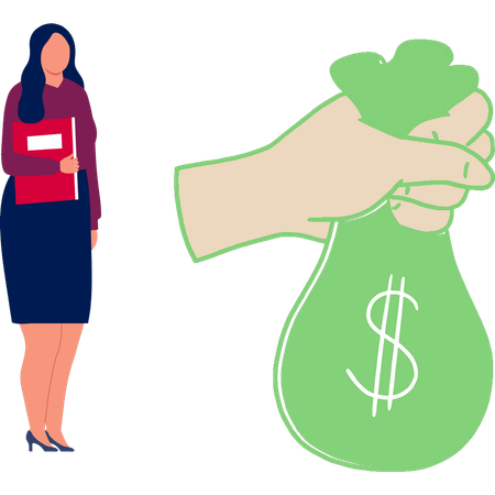 Office woman pointing dollar bag  Illustration