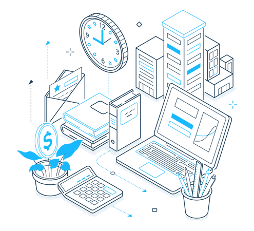 Office Work Black And Blue Isometric Line Illustration Remote Collaboration Idea Typical Workday Laptop Clock Earning Money Plant E Mail Books In Touch From Any Place Time Management Illustration