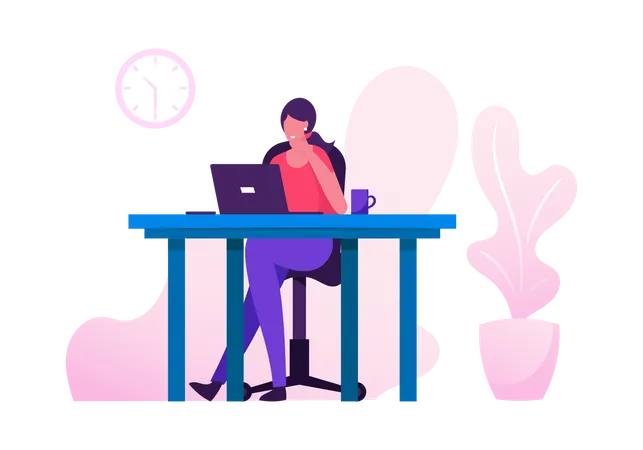 Office Worker Busy Business Woman Or Freelancer Working On Laptop Sitting At Table Workplace Thinking Of Task Freelance Outsourced Employee Occupation Brainstorm Cartoon Flat Vector Illustration Illustration