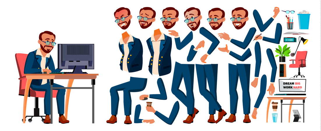 Office Worker Different Body Parts Illustration