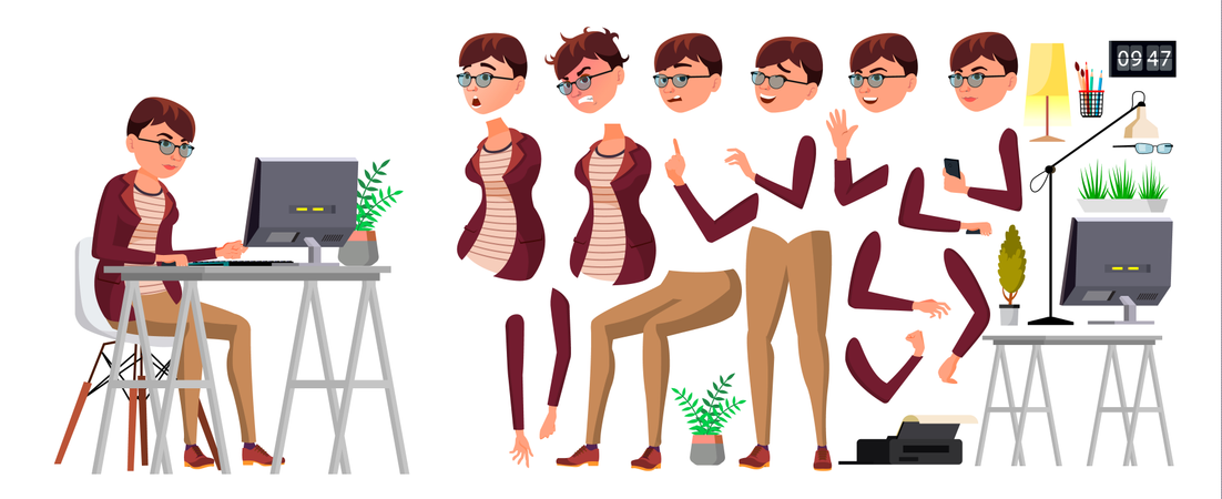 Office Worker Different Body Parts Used For Animation Illustration