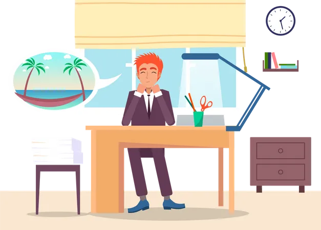Office At Home Remote Work At Distance Concept Worker Man Dreaming About Summer Holidays Near Sea With Palms Sitting At His Work Place Quarantine Isolation Working From Home Tired From Work Illustration