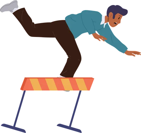 Office Worker Employee Cartoon Character Running And Falling Down On Business Race With Obstacles Vector Illustration Male Clerk Jumping And Stumbling Over Barrier Losing In Professional Competition Illustration