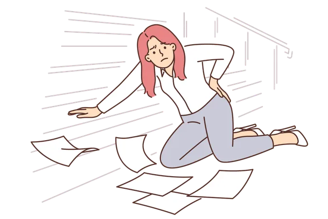 Woman Office Worker Fell Down Stairs And Injured Back Dropping Papers On Floor Businesswoman Fell Due To Excessive Haste Associated With Strict Deadlines Or Fatigue From Overwork Illustration