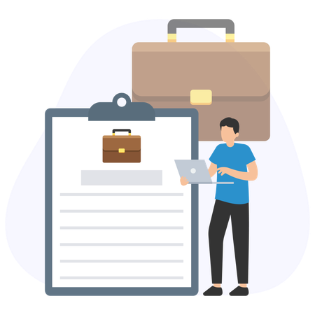Office worker filling online job application with laptop and briefcase  Illustration