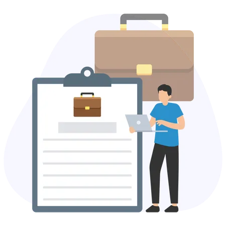 Office worker filling online job application with laptop and briefcase  Illustration