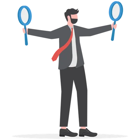 Analyst And Consultant Researcher Businessman Or Office Worker Holding Magnifying Glass Illustration