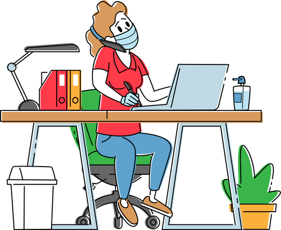 Office Worker in Medical Mask Working on Laptop Sitting Workplace Talking by Mobile  Illustration