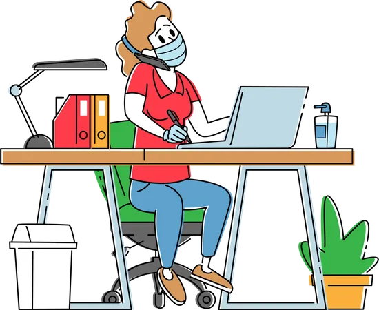 Office Worker in Medical Mask Working on Laptop Sitting Workplace Talking by Mobile  Illustration