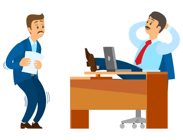 Office Worker Is Afraid Of Strict Boss Sitting At Table Stress At Work Subordinate Is Afraid To Submit Report To Chief Employee Made Mistake In Document And Fears To Confess To Boss Problems Illustration