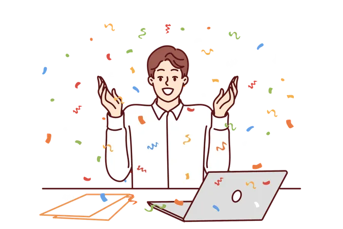 Happy Man Office Worker With Laptop Raises Hands Up As Sign Of Success And Sits Among Falling Confetti Happy Business Man Enjoying Moment After Making Successful Deal With Partners Illustration