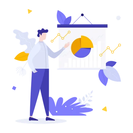 Office worker making presentation at whiteboard with pie chart  Illustration