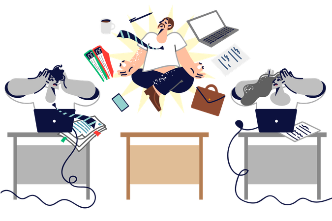 Office worker meditating at workplace  Illustration