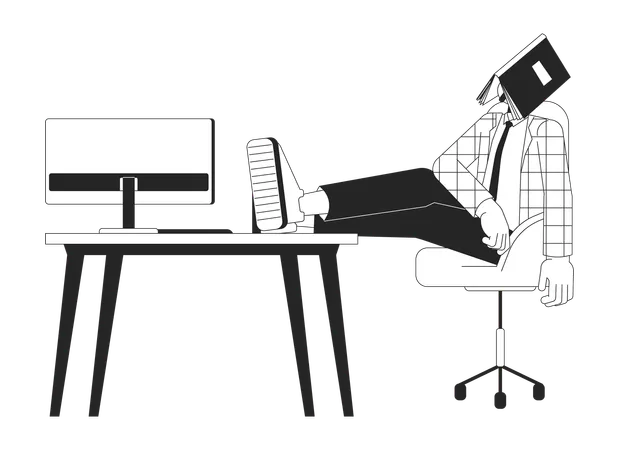 Office Worker Napping At Workplace Black And White 2 D Line Cartoon Character Caucasian Young Adult Man Isolated Vector Outline Person Sleeping Book Over Face Monochromatic Flat Spot Illustration Illustration