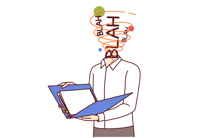 Man Office Worker Overwhelmed With New Ideas Feels Brain Explode Reading Business Documents Guy With Words Blah Instead Of Head Is Studying Business Contract Or Financial Analytics Data Illustration