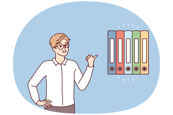 Office worker points finger at folders for documents  Illustration