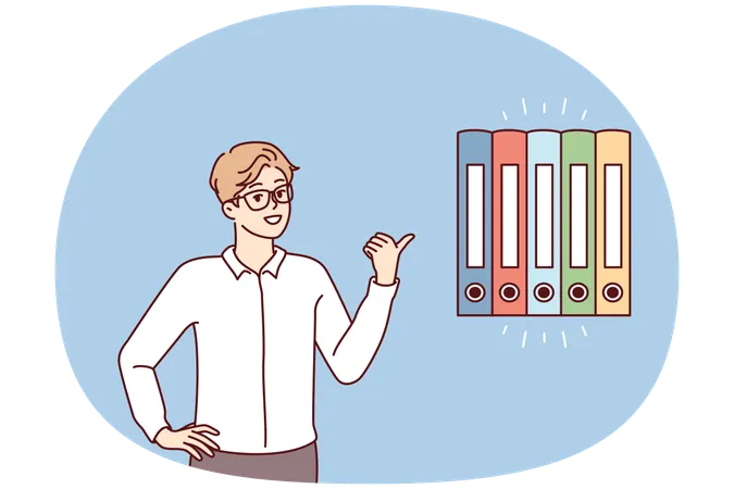 Office worker points finger at folders for documents  Illustration