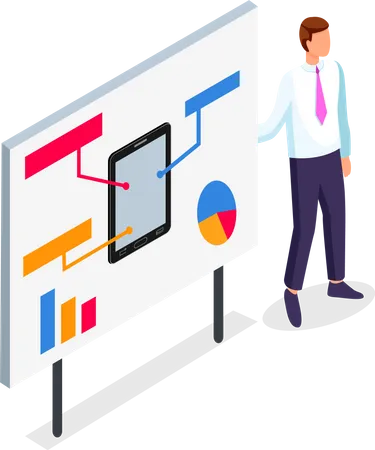 Office Worker In Unifrom Standing Near Board With Presentation Tablet Or Smartphone With Text Blocks Graphic Pie Chart Or Diagram Web Analytics Analysing Statistic Of Using Mobile Internet Illustration