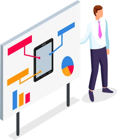 Office Worker In Unifrom Standing Near Board With Presentation Tablet Or Smartphone With Text Blocks Graphic Pie Chart Or Diagram Web Analytics Analysing Statistic Of Using Mobile Internet Illustration