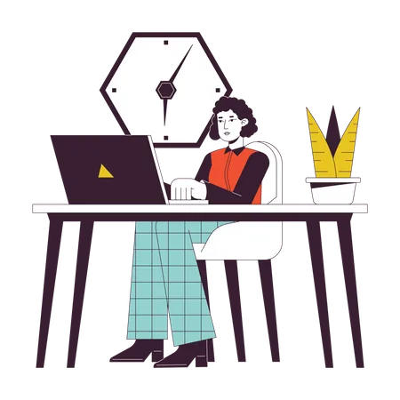 Office Worker Sitting At Desk Flat Line Concept Vector Spot Illustration Office Woman At Workplace 2 D Cartoon Outline Character On White For Web UI Design Editable Isolated Colorful Hero Image Illustration