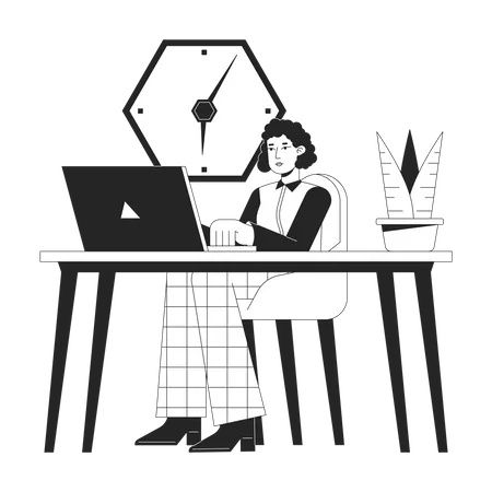 Office Worker Sitting At Desk Bw Concept Vector Spot Illustration Office Woman At Workplace 2 D Cartoon Flat Line Monochromatic Character For Web UI Design Editable Isolated Outline Hero Image Illustration