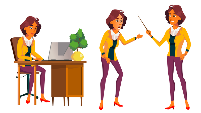 Office Worker Vector. Woman. Modern Employee, Laborer. Front, Side View. Business Woman. Situations. Emotions, Gestures. Flat Cartoon Illustration  Illustration