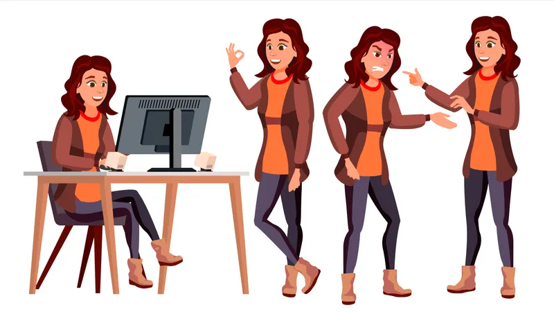 Office Worker Vector. Woman. Professional Officer, Clerk. Adult Business Female. Lady Face Emotions, Various Gestures. Isolated Cartoon Illustration Illustration