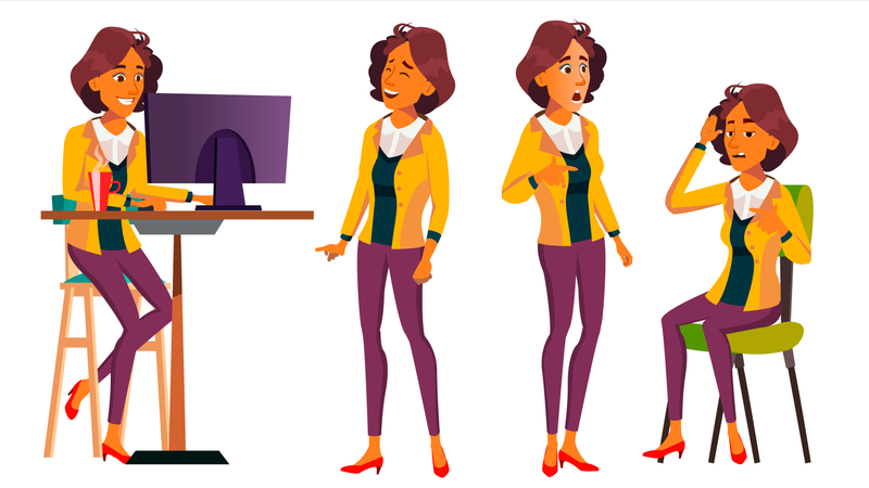 Office Worker Vector. Woman. Smiling Servant, Officer. Poses. Business Human. Front, Side View. Lady Face Emotions, Various Gestures. Isolated Flat Cartoon Character Illustration  Illustration