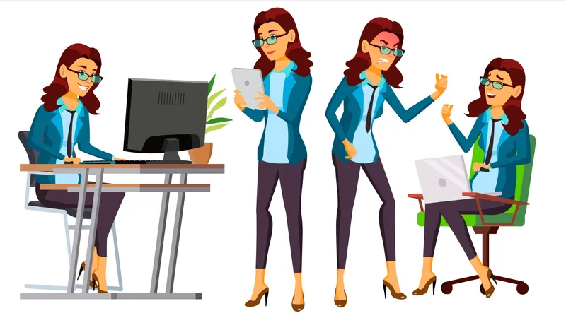 Office Worker With Different Working Gesture Illustration