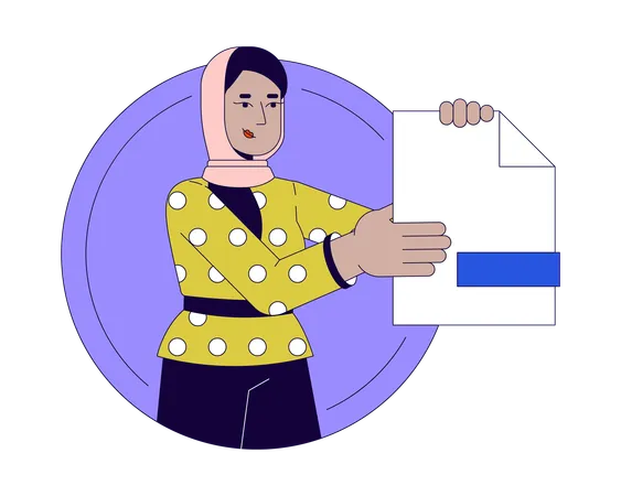 Muslim Office Worker With Paper 2 D Linear Cartoon Character Female Manager Holding Document Isolated Line Vector Person White Background Business Paperwork Control Color Flat Spot Illustration Illustration