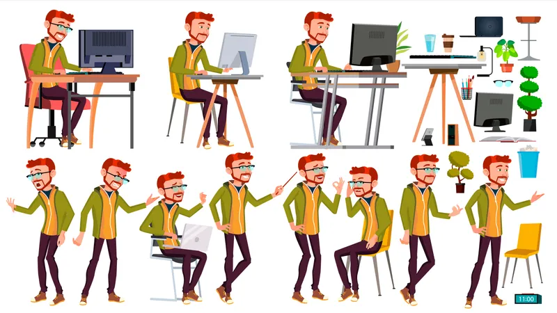 Office Worker Working In Office Illustration