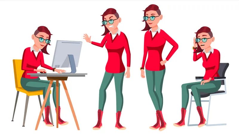 Office Worker Working On Desk With Different Pose And Gesture  Illustration